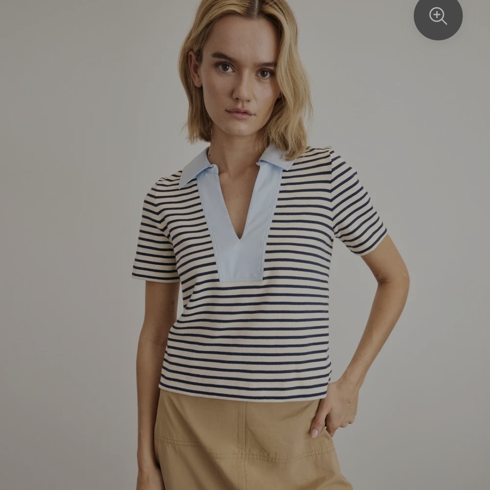 Tanya Taylor Navy and Light Blue Striped Tee